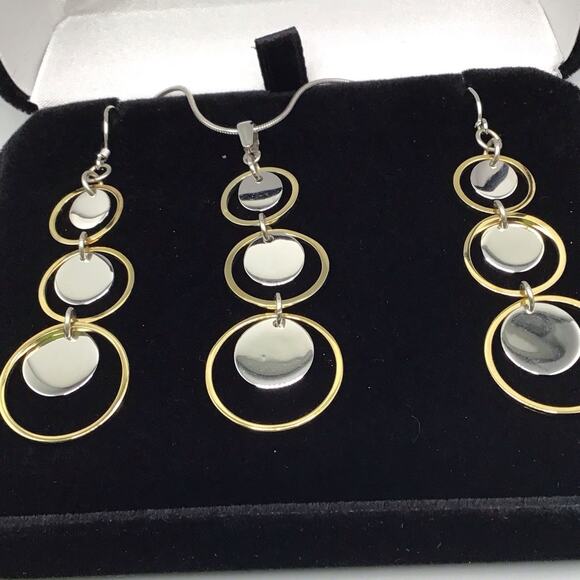 925 Sterling Silver Necklace & Earrings Set Two Tone Circle Pendant Dangle Set - Picture 4 of 13